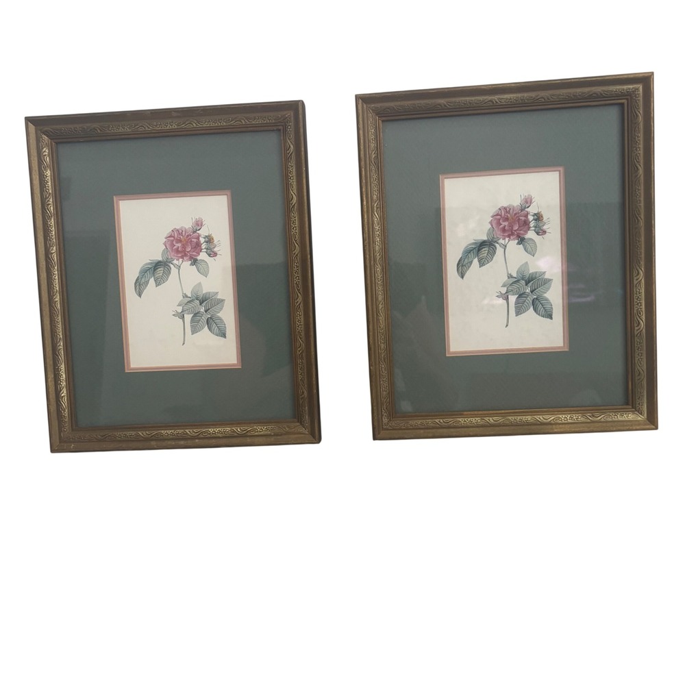 VTG Botanical Rose Prints Set of 2 Gold Ornate Framed Wall Art Pink Cottagecore
